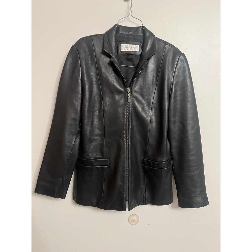 Jones New York Womens Black Genuine Leather Zip Up Rachel Green Jacket Size M